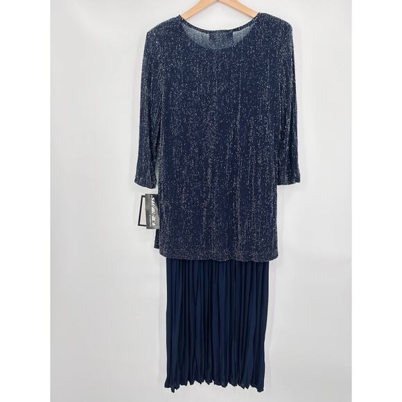 Vintage 80s 90s 2 Piece Blue Metallic Silver PleatedDress USA Made Size 10 NWT